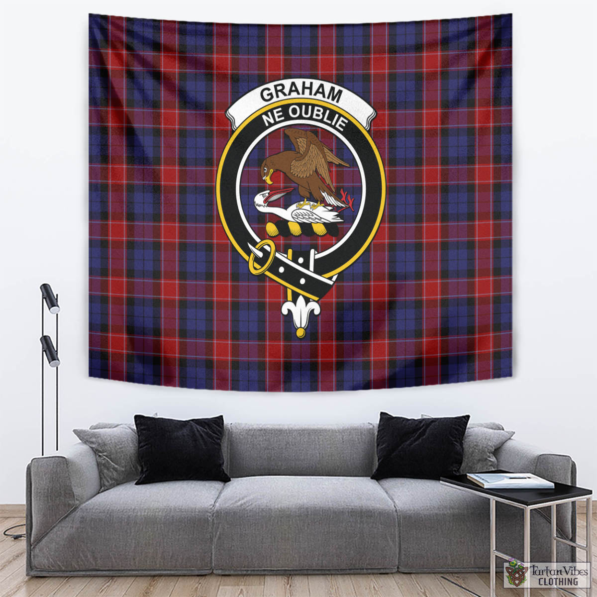 Tartan Vibes Clothing Graham of Menteith Red Tartan Tapestry Wall Hanging and Home Decor for Room with Family Crest