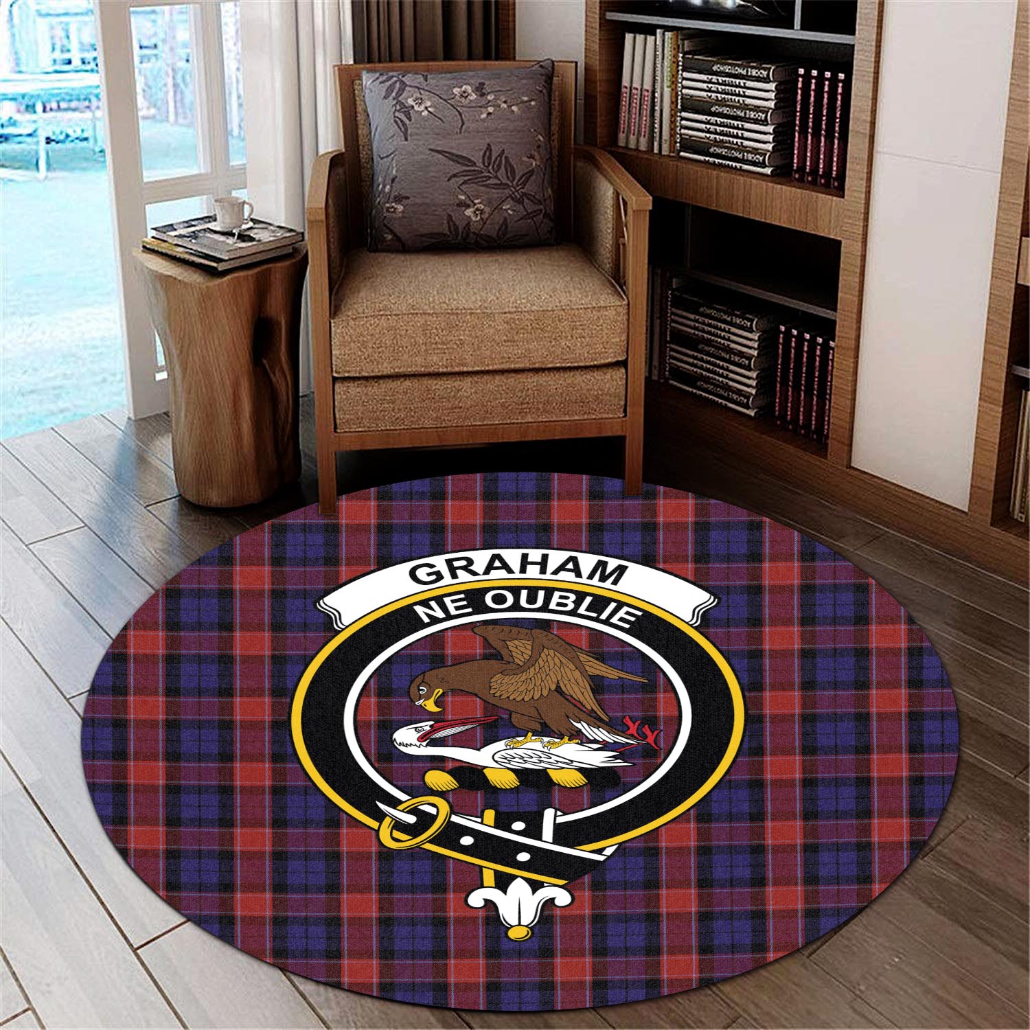 graham-of-menteith-red-tartan-round-rug-with-family-crest