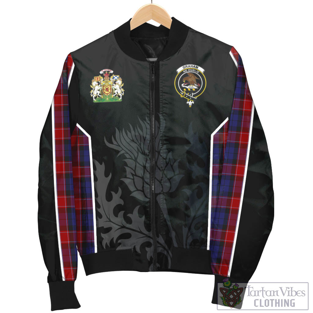 Tartan Vibes Clothing Graham of Menteith Red Tartan Bomber Jacket with Family Crest and Scottish Thistle Vibes Sport Style