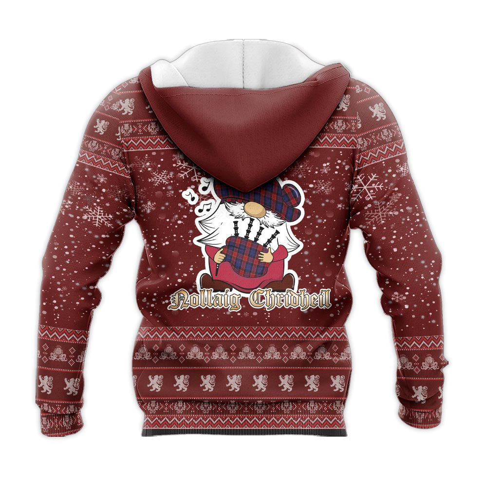 Graham of Menteith Red Clan Christmas Knitted Hoodie with Funny Gnome Playing Bagpipes - Tartanvibesclothing