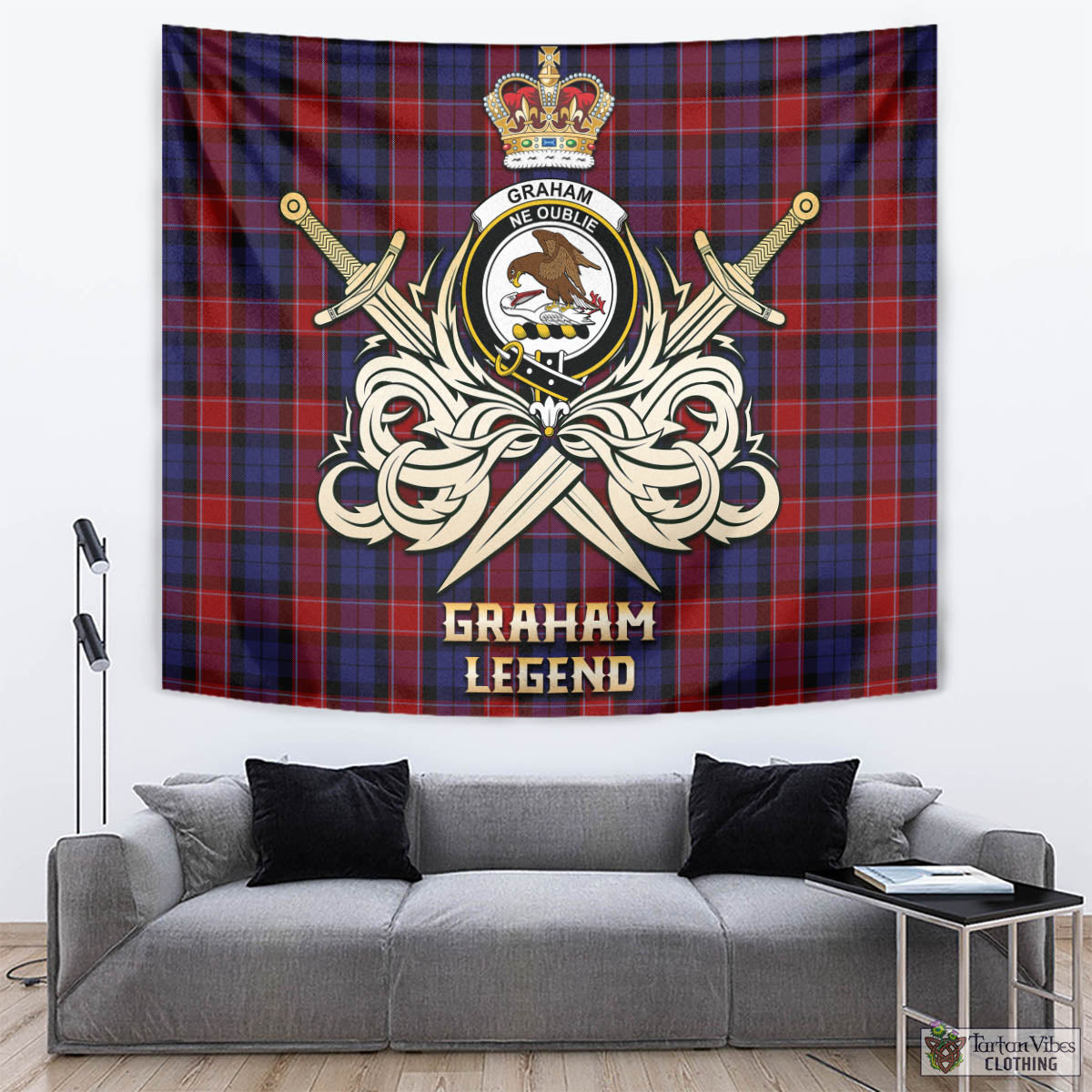 Tartan Vibes Clothing Graham of Menteith Red Tartan Tapestry with Clan Crest and the Golden Sword of Courageous Legacy