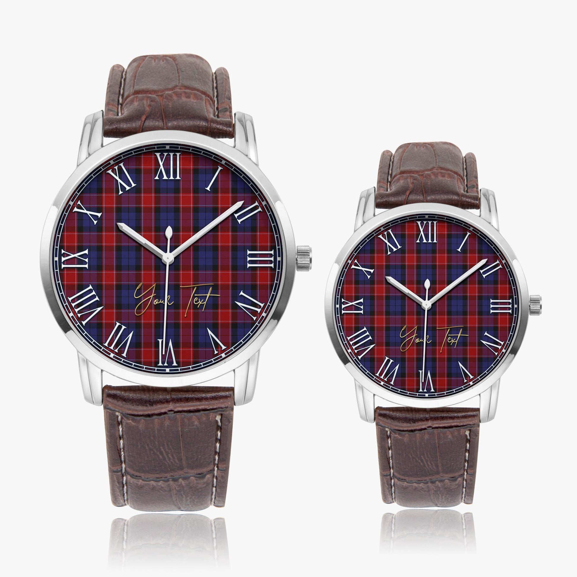 Graham of Menteith Red Tartan Personalized Your Text Leather Trap Quartz Watch Wide Type Silver Case With Brown Leather Strap - Tartanvibesclothing