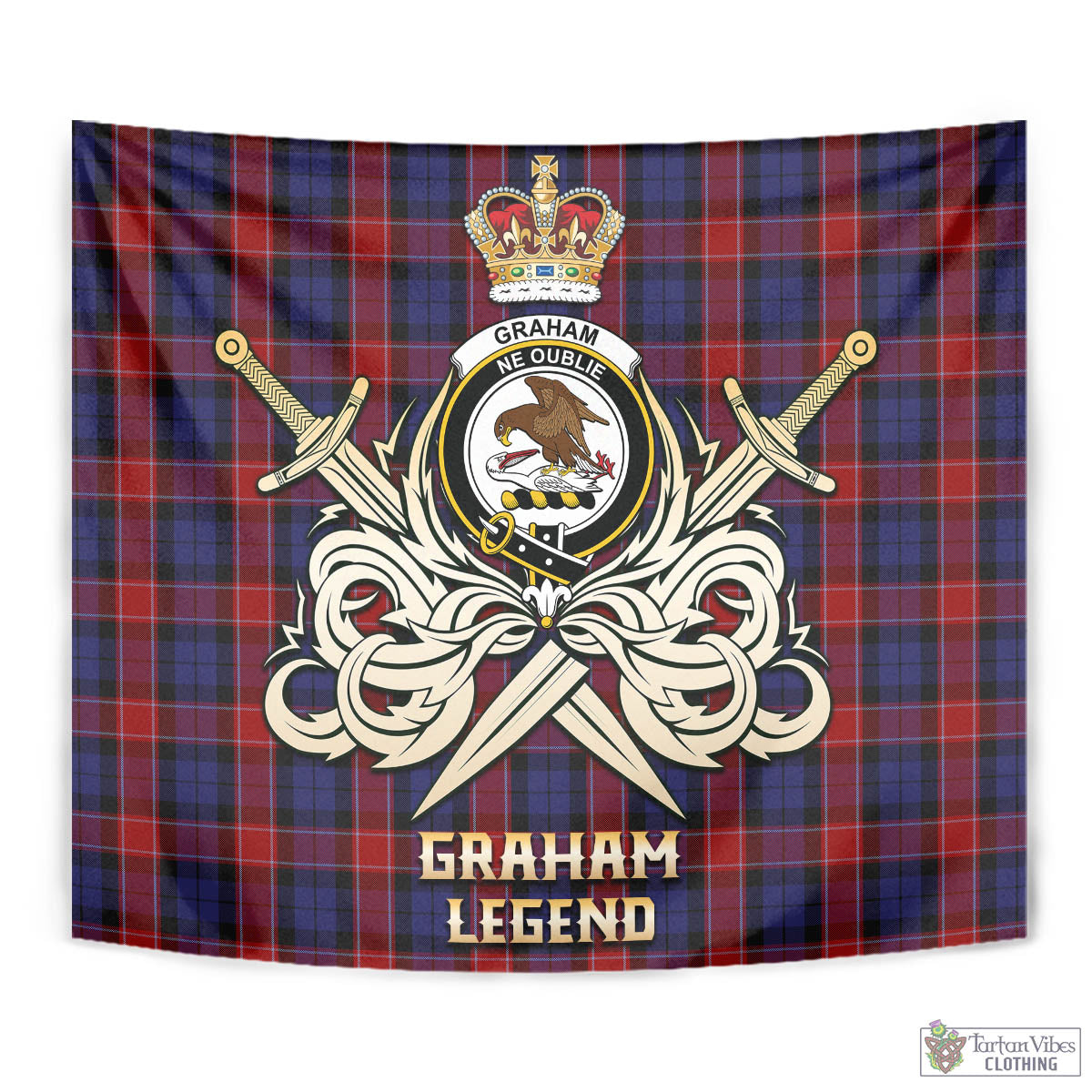 Tartan Vibes Clothing Graham of Menteith Red Tartan Tapestry with Clan Crest and the Golden Sword of Courageous Legacy