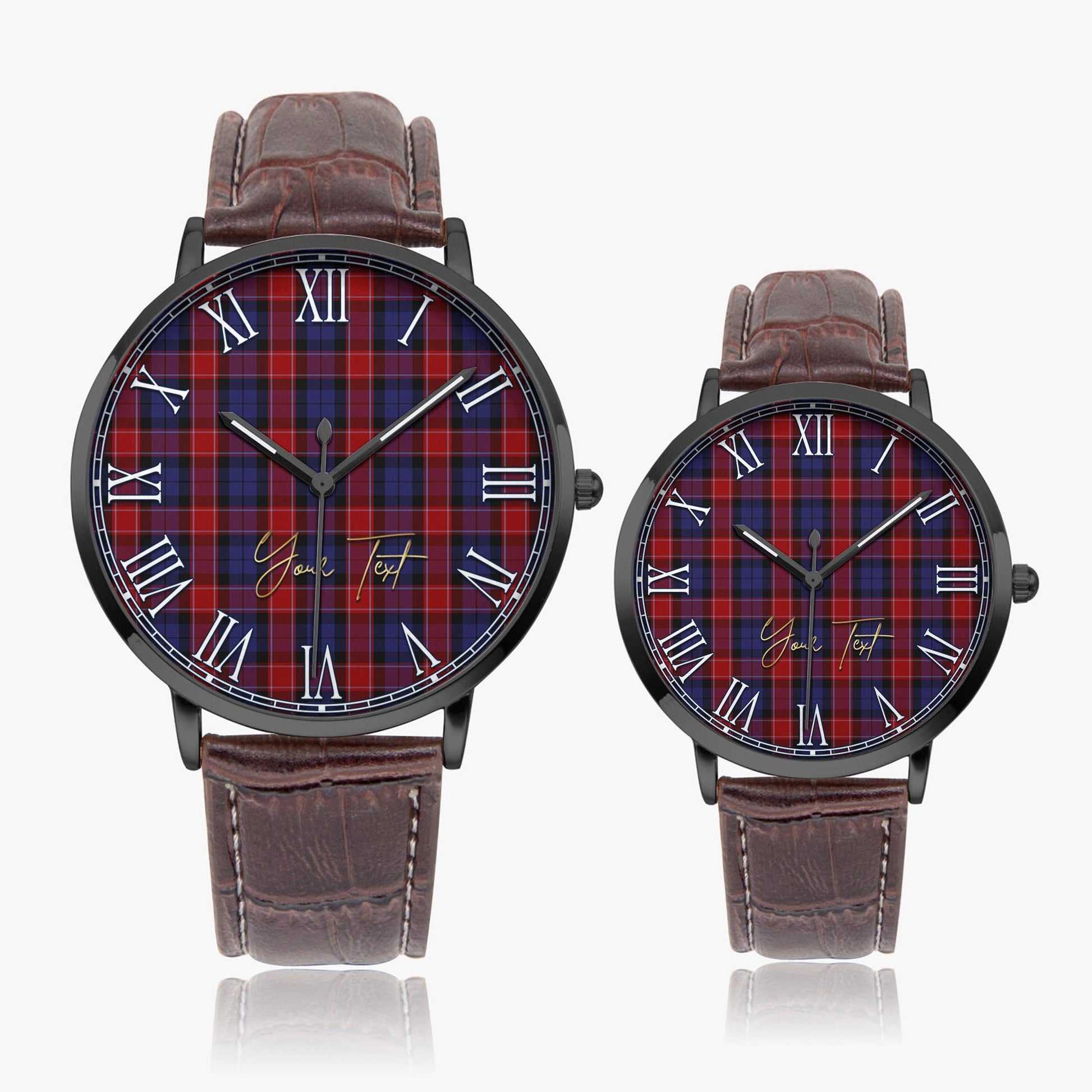 Graham of Menteith Red Tartan Personalized Your Text Leather Trap Quartz Watch Ultra Thin Black Case With Brown Leather Strap - Tartanvibesclothing