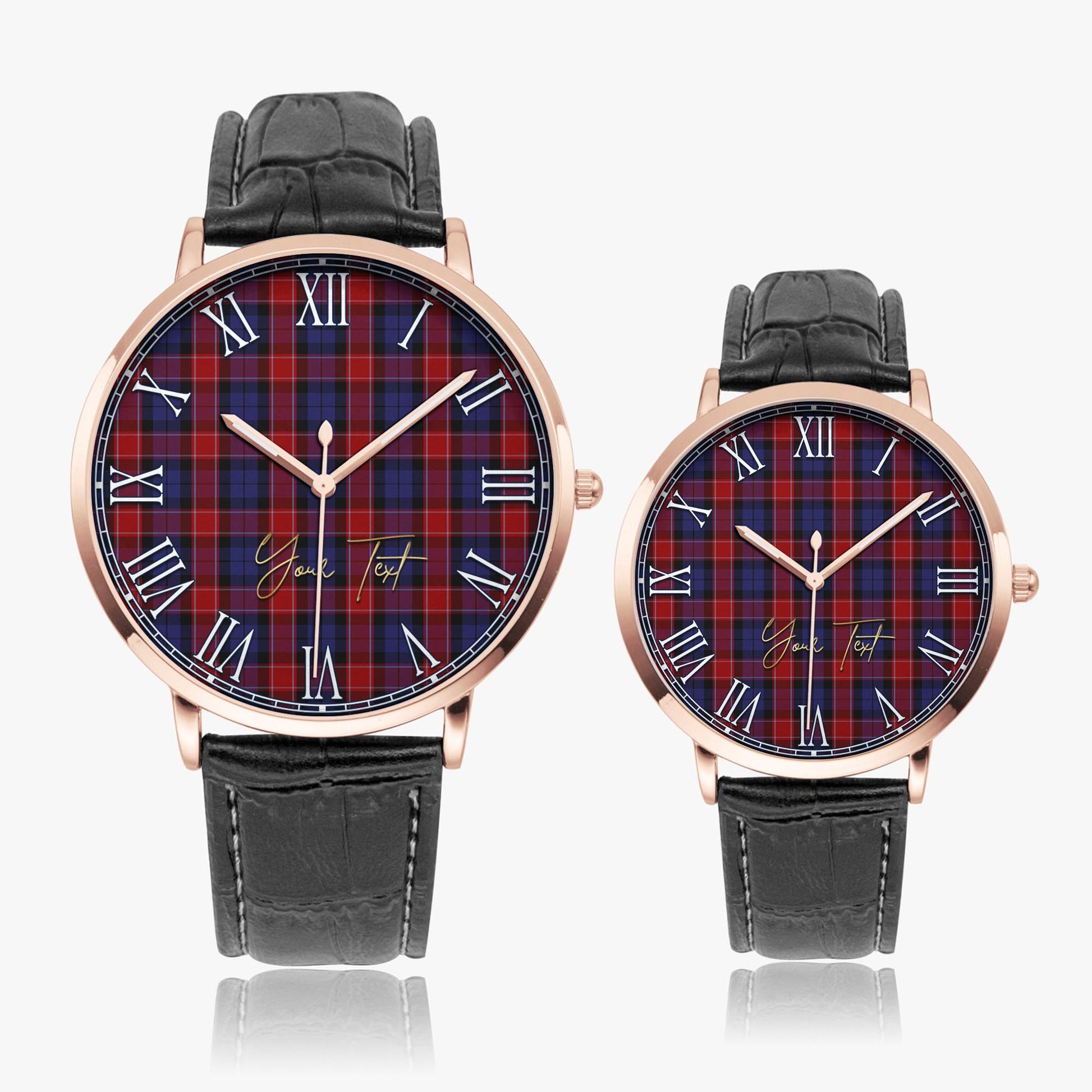 Graham of Menteith Red Tartan Personalized Your Text Leather Trap Quartz Watch Ultra Thin Rose Gold Case With Black Leather Strap - Tartanvibesclothing