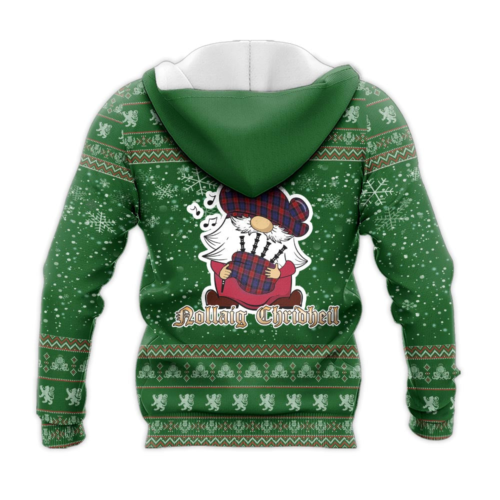 Graham of Menteith Red Clan Christmas Knitted Hoodie with Funny Gnome Playing Bagpipes - Tartanvibesclothing