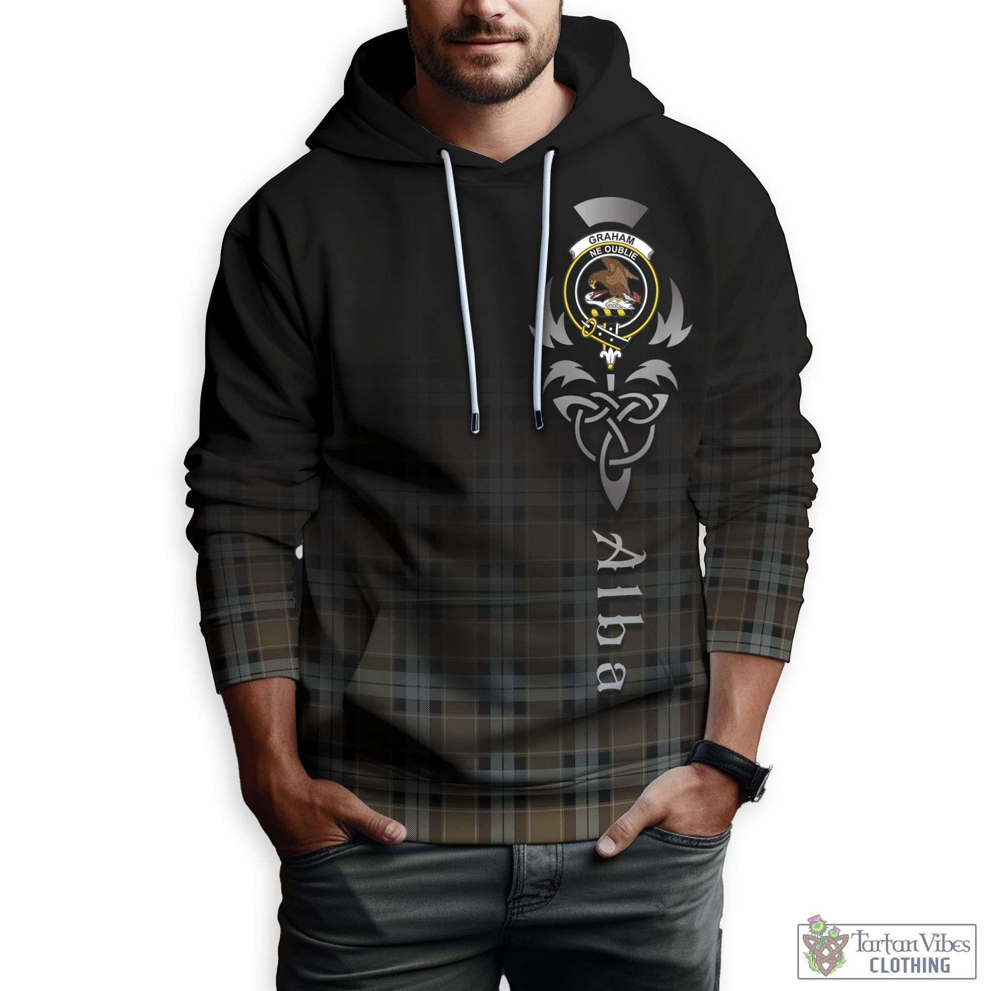 Tartan Vibes Clothing Graham of Menteith Weathered Tartan Hoodie Featuring Alba Gu Brath Family Crest Celtic Inspired