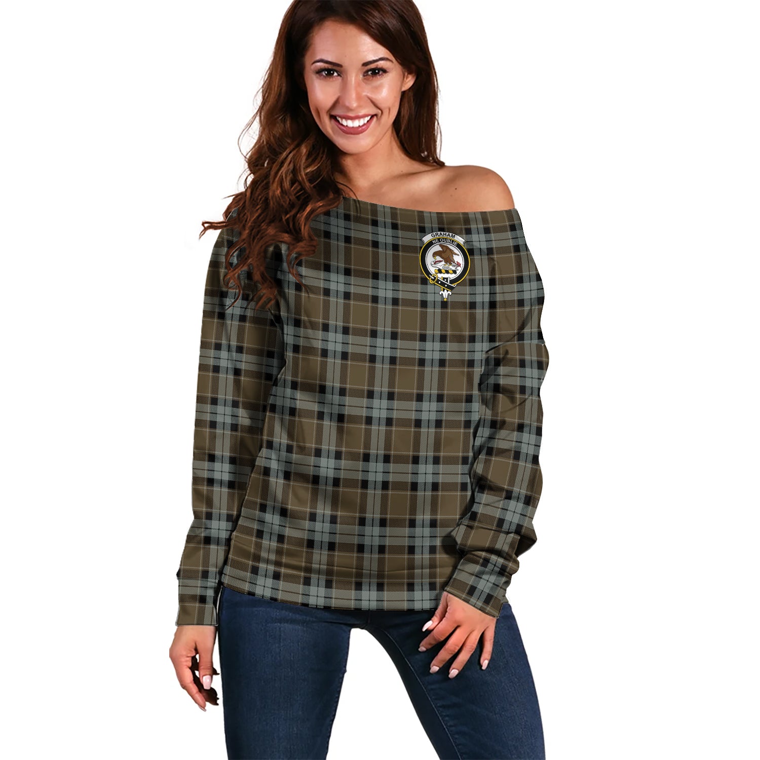 Graham of Menteith Weathered Tartan Off Shoulder Women Sweater with Family Crest Women - Tartanvibesclothing