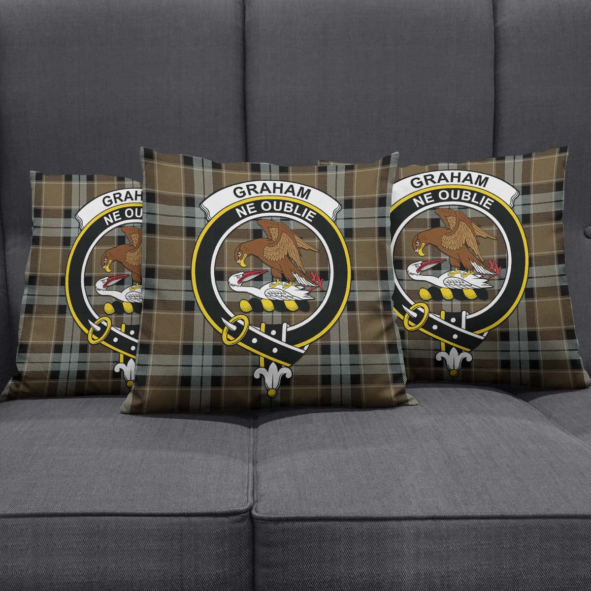 Graham of Menteith Weathered Tartan Pillow Cover with Family Crest Square Pillow Cover - Tartanvibesclothing