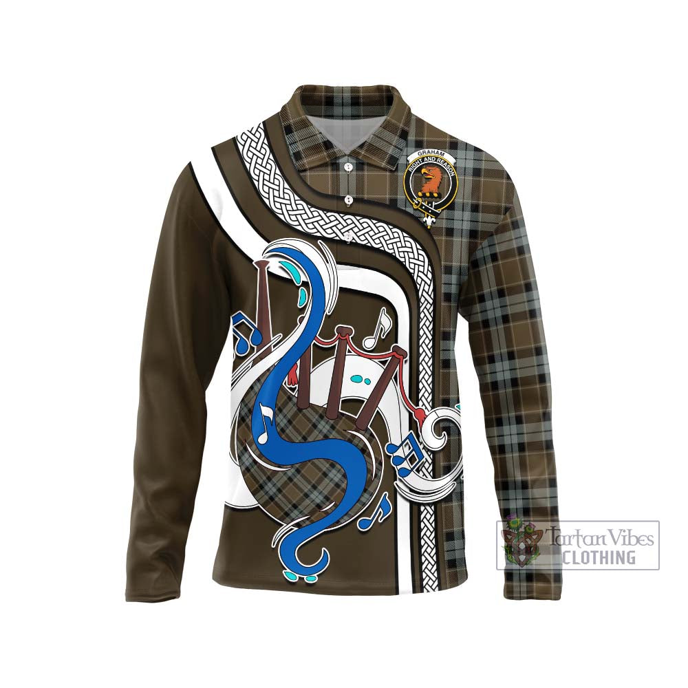 Tartan Vibes Clothing Graham of Menteith Weathered Tartan Long Sleeve Polo Shirt with Epic Bagpipe Style