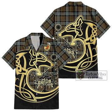 Graham of Menteith Weathered Tartan Short Sleeve Button Shirt with Family Crest Celtic Wolf Style