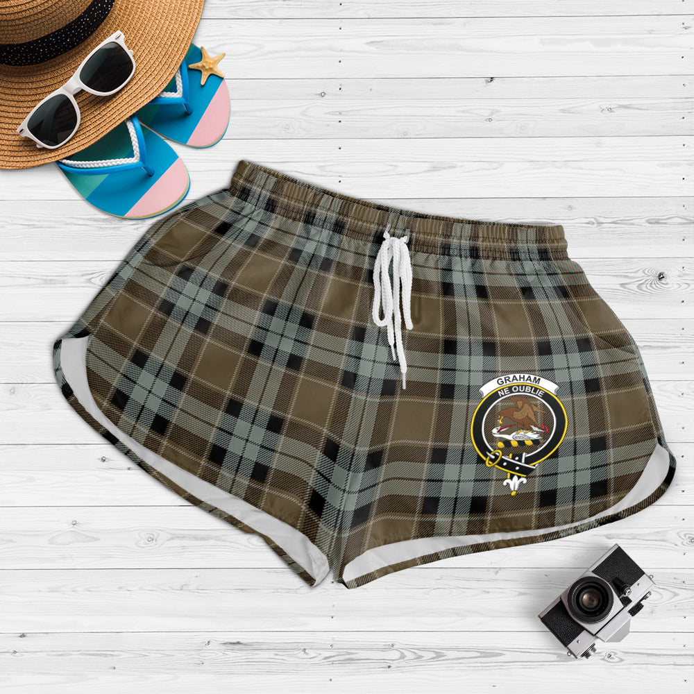 graham-of-menteith-weathered-tartan-womens-shorts-with-family-crest