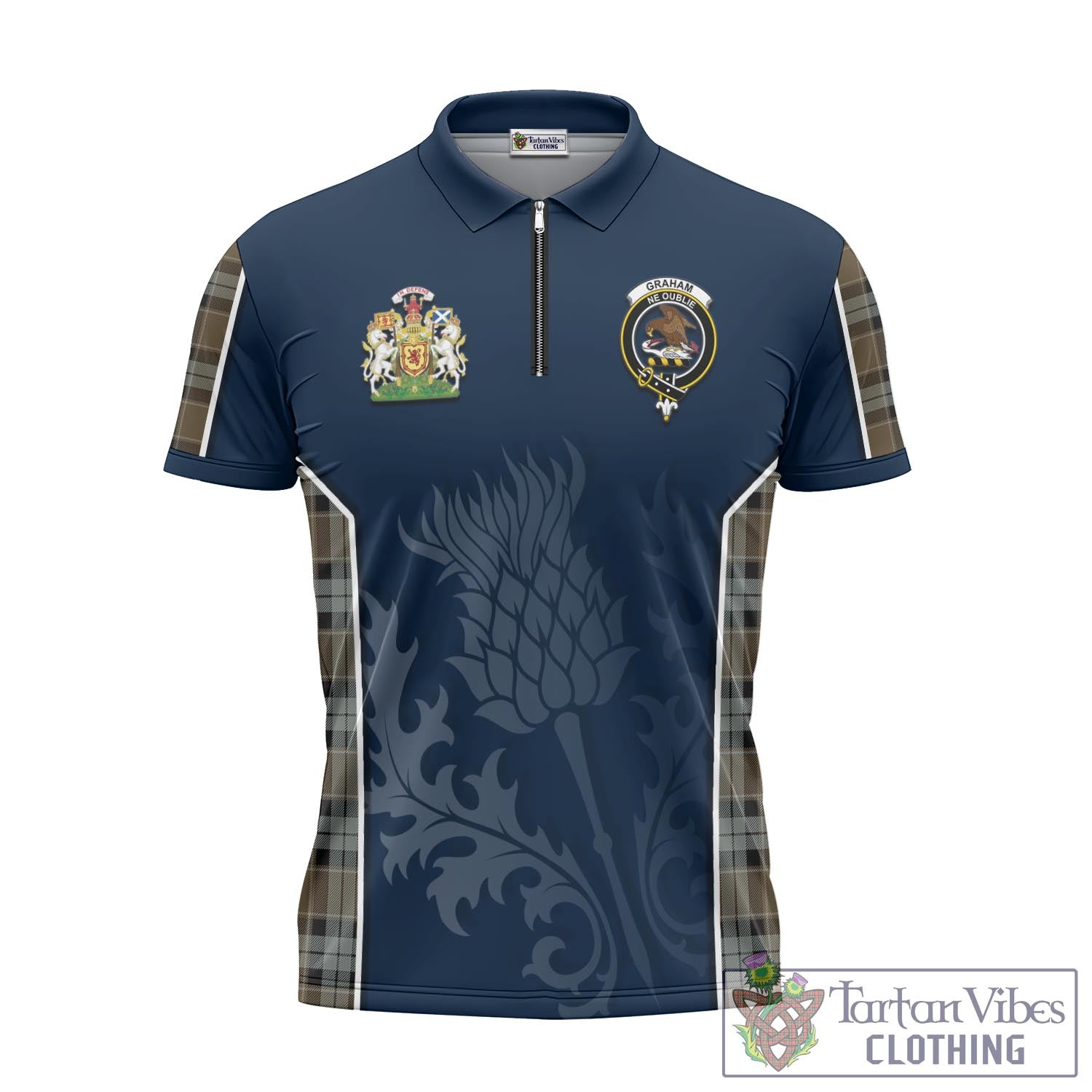 Tartan Vibes Clothing Graham of Menteith Weathered Tartan Zipper Polo Shirt with Family Crest and Scottish Thistle Vibes Sport Style