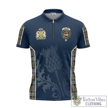 Graham of Menteith Weathered Tartan Zipper Polo Shirt with Family Crest and Scottish Thistle Vibes Sport Style