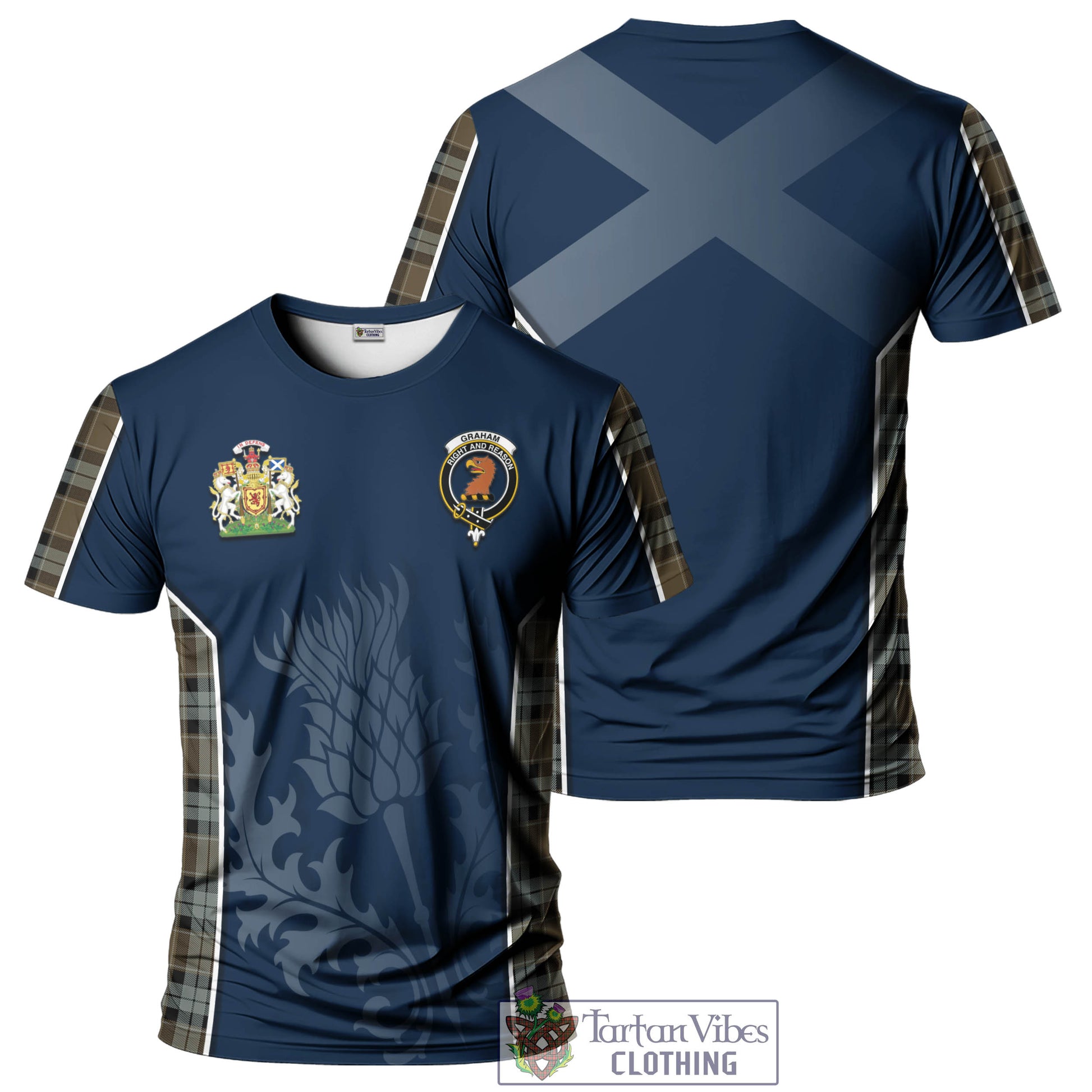 Tartan Vibes Clothing Graham of Menteith Weathered Tartan T-Shirt with Family Crest and Scottish Thistle Vibes Sport Style