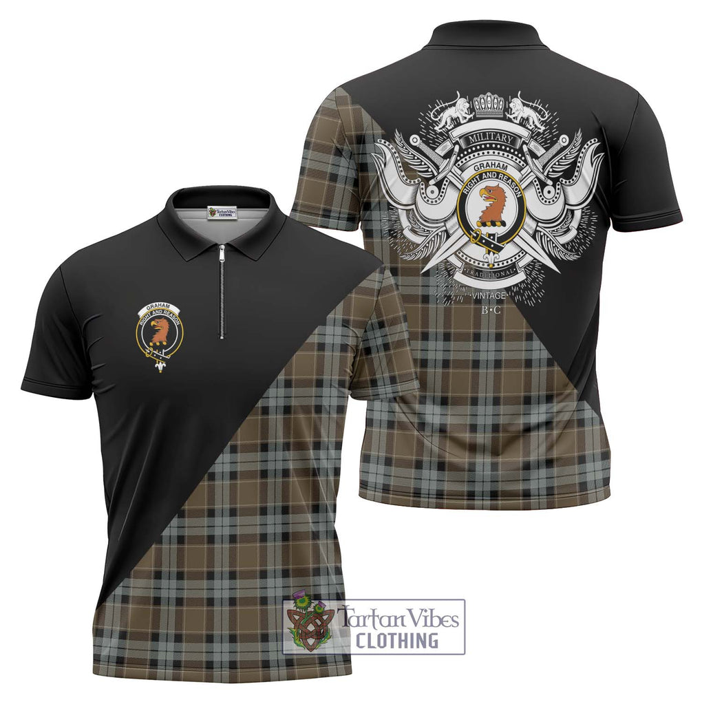 Graham of Menteith Weathered Tartan Zipper Polo Shirt with Family Crest and Military Logo Style Unisex - Tartanvibesclothing Shop