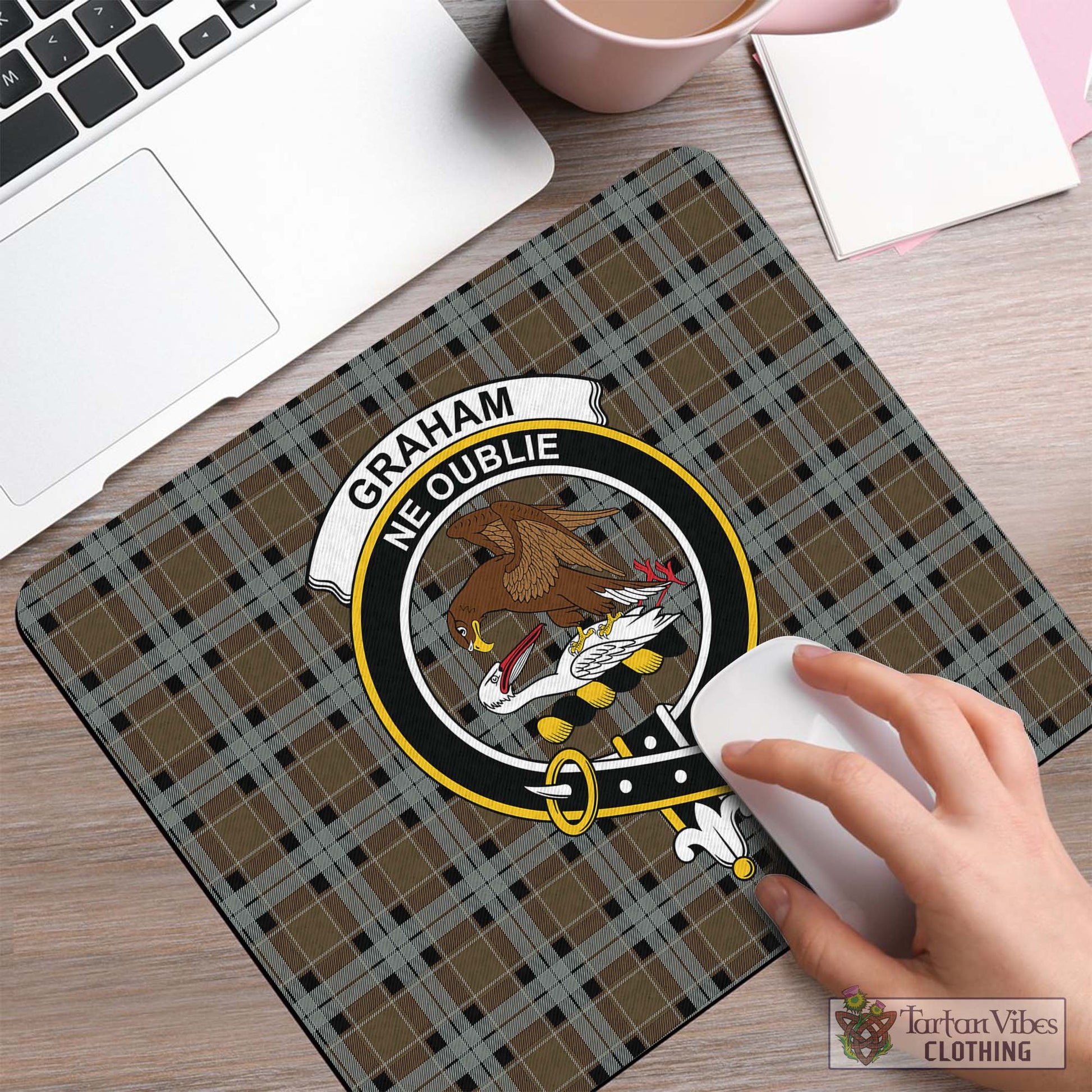 Tartan Vibes Clothing Graham of Menteith Weathered Tartan Mouse Pad with Family Crest