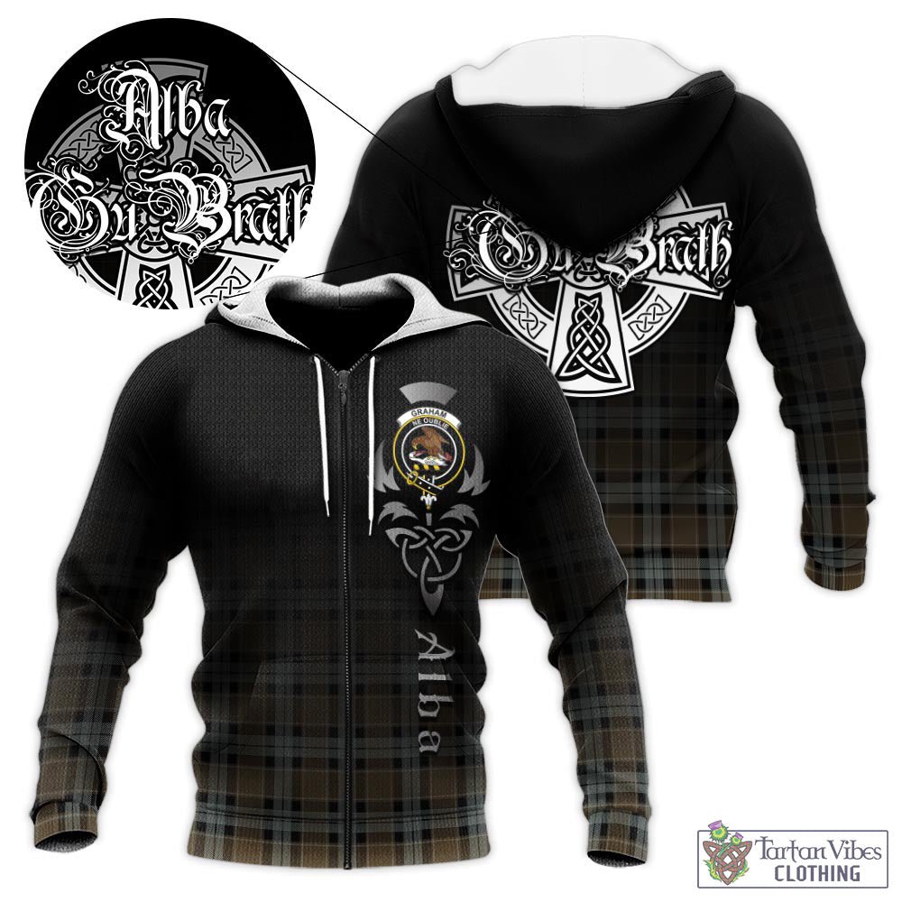 Tartan Vibes Clothing Graham of Menteith Weathered Tartan Knitted Hoodie Featuring Alba Gu Brath Family Crest Celtic Inspired