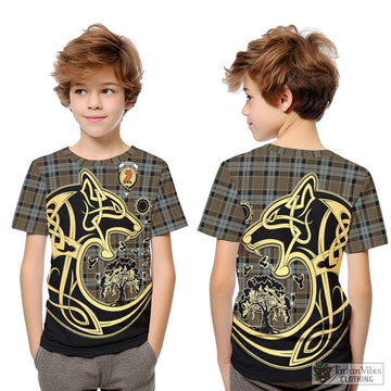 Graham of Menteith Weathered Tartan Kid T-Shirt with Family Crest Celtic Wolf Style