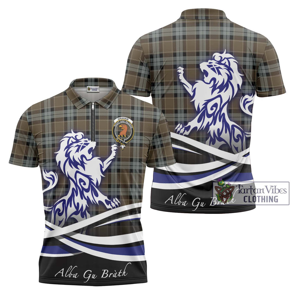 Graham of Menteith Weathered Tartan Zipper Polo Shirt with Alba Gu Brath Regal Lion Emblem Unisex - Tartanvibesclothing Shop