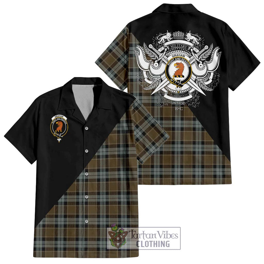 Graham of Menteith Weathered Tartan Short Sleeve Button Shirt with Family Crest and Military Logo Style Kid - Tartanvibesclothing Shop