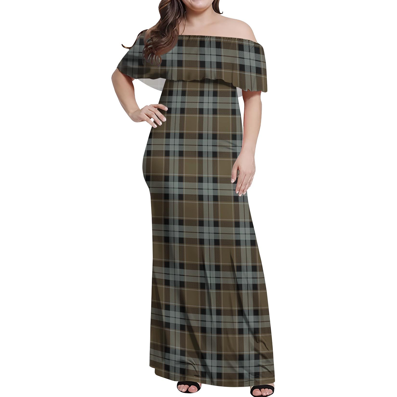 Graham of Menteith Weathered Tartan Off Shoulder Long Dress Women's Dress - Tartanvibesclothing