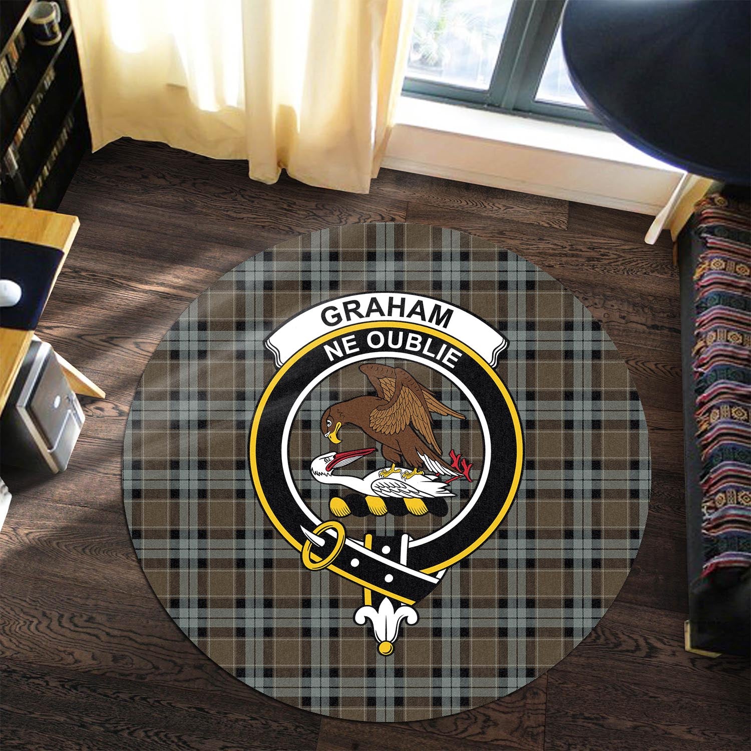 graham-of-menteith-weathered-tartan-round-rug-with-family-crest