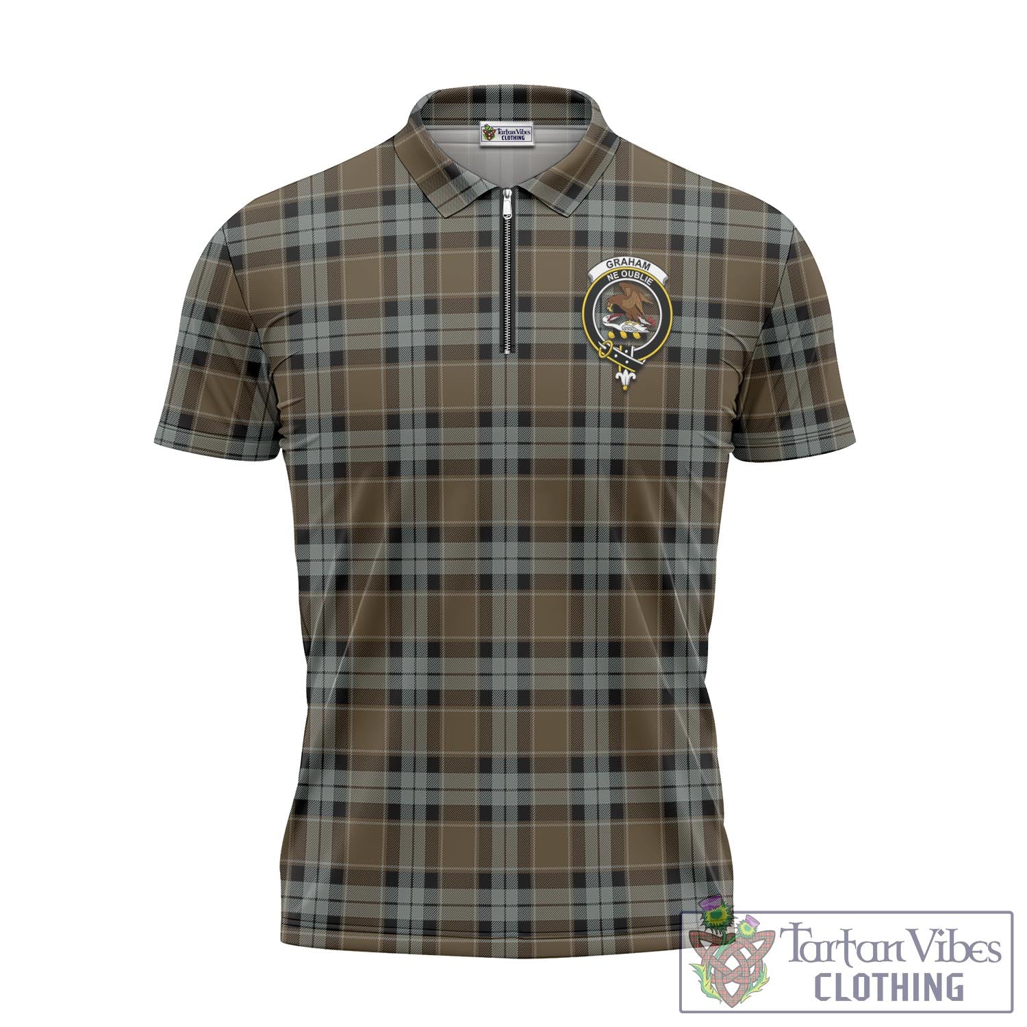 Tartan Vibes Clothing Graham of Menteith Weathered Tartan Zipper Polo Shirt with Family Crest