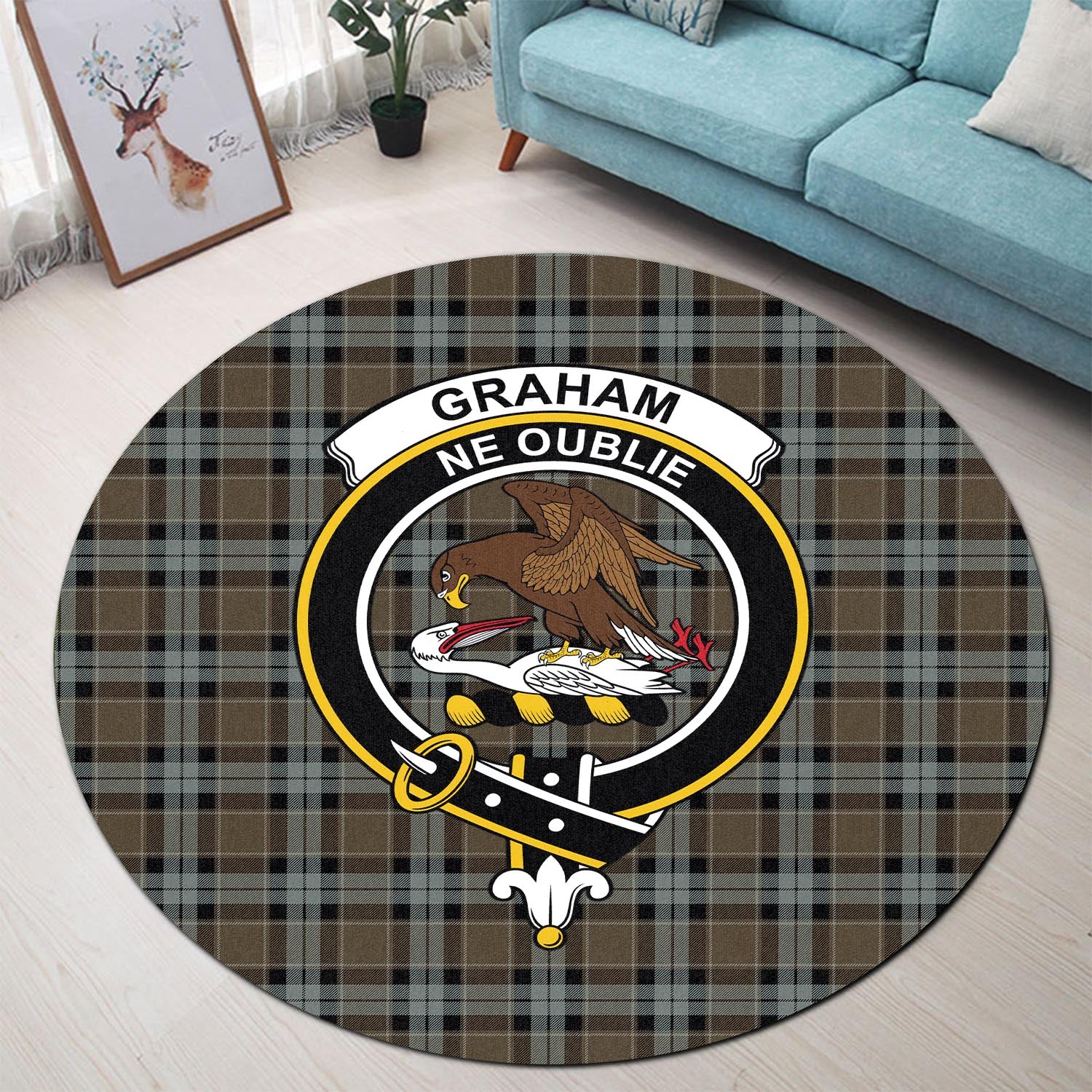 graham-of-menteith-weathered-tartan-round-rug-with-family-crest