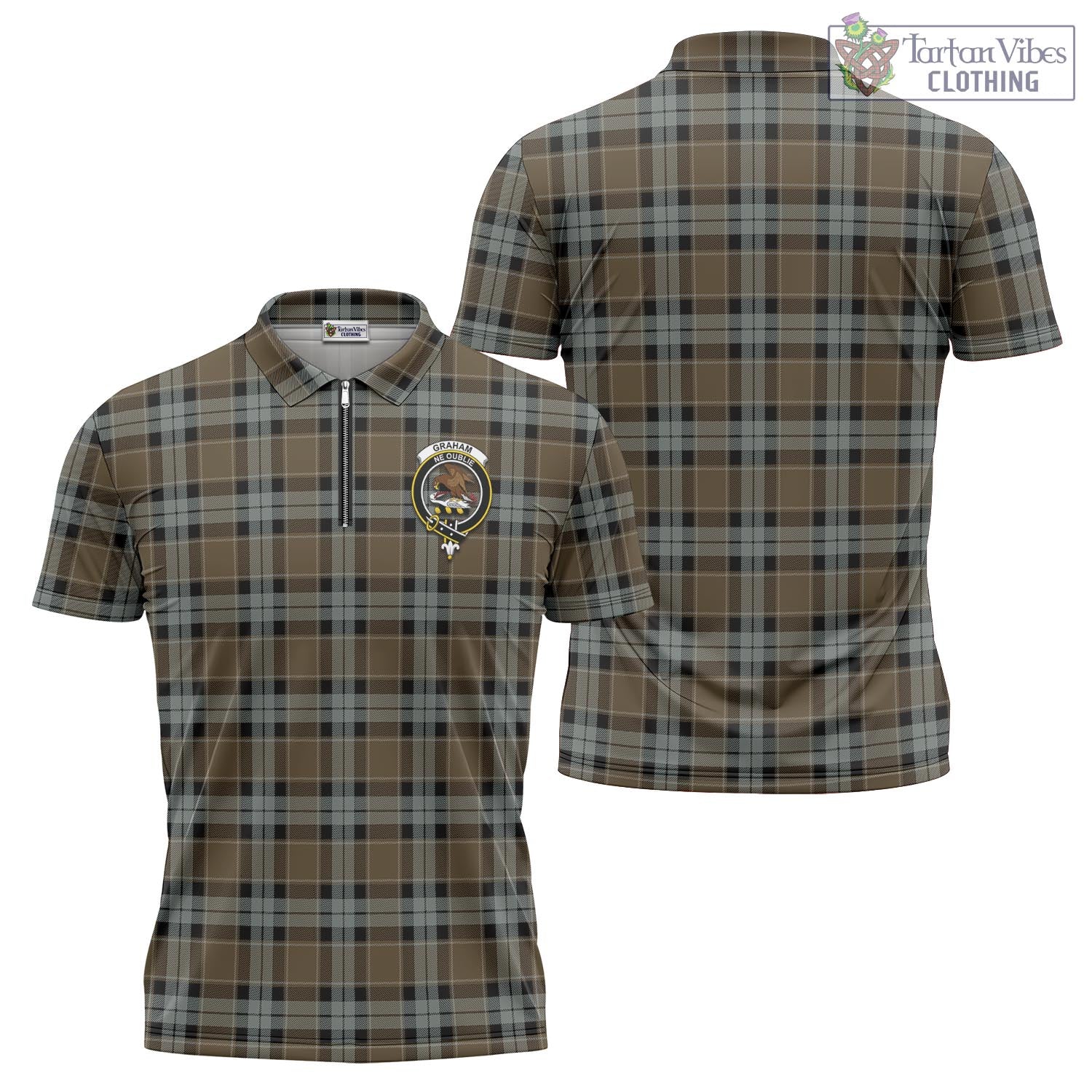 Tartan Vibes Clothing Graham of Menteith Weathered Tartan Zipper Polo Shirt with Family Crest