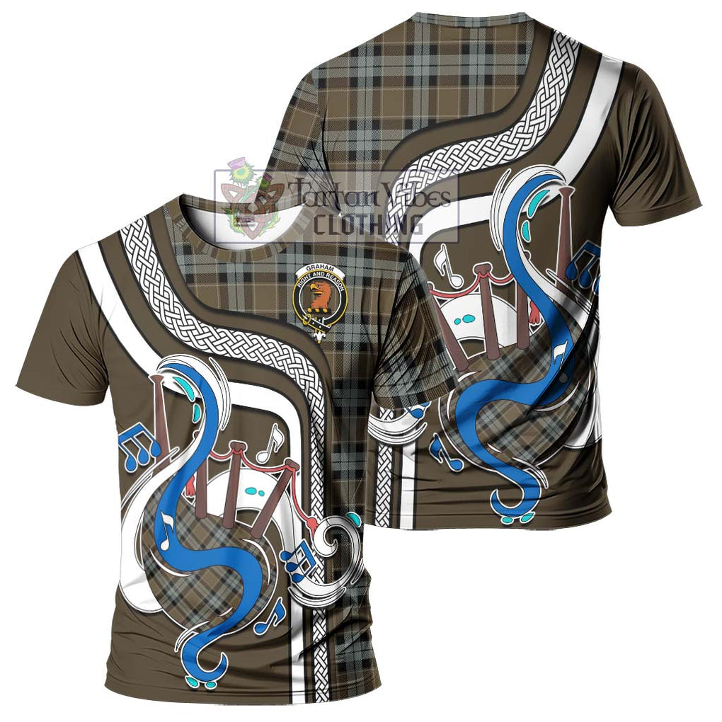 Graham of Menteith Weathered Tartan T-Shirt with Epic Bagpipe Style - Tartanvibesclothing Shop