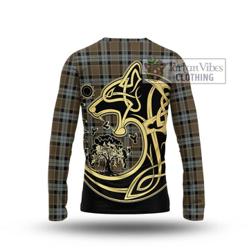 Graham of Menteith Weathered Tartan Long Sleeve T-Shirt with Family Crest Celtic Wolf Style