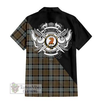 Graham of Menteith Weathered Tartan Short Sleeve Button Shirt with Family Crest and Military Logo Style