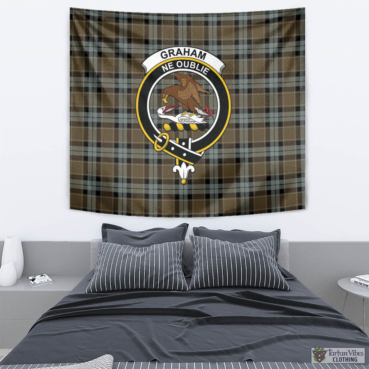 Tartan Vibes Clothing Graham of Menteith Weathered Tartan Tapestry Wall Hanging and Home Decor for Room with Family Crest