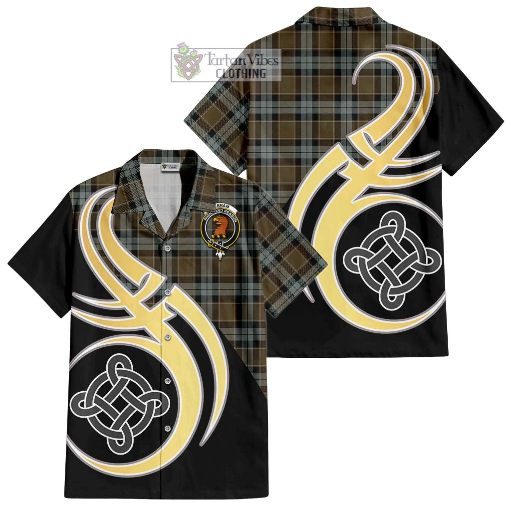 Graham of Menteith Weathered Tartan Short Sleeve Button Shirt with Family Crest and Celtic Symbol Style - Tartan Vibes Clothing