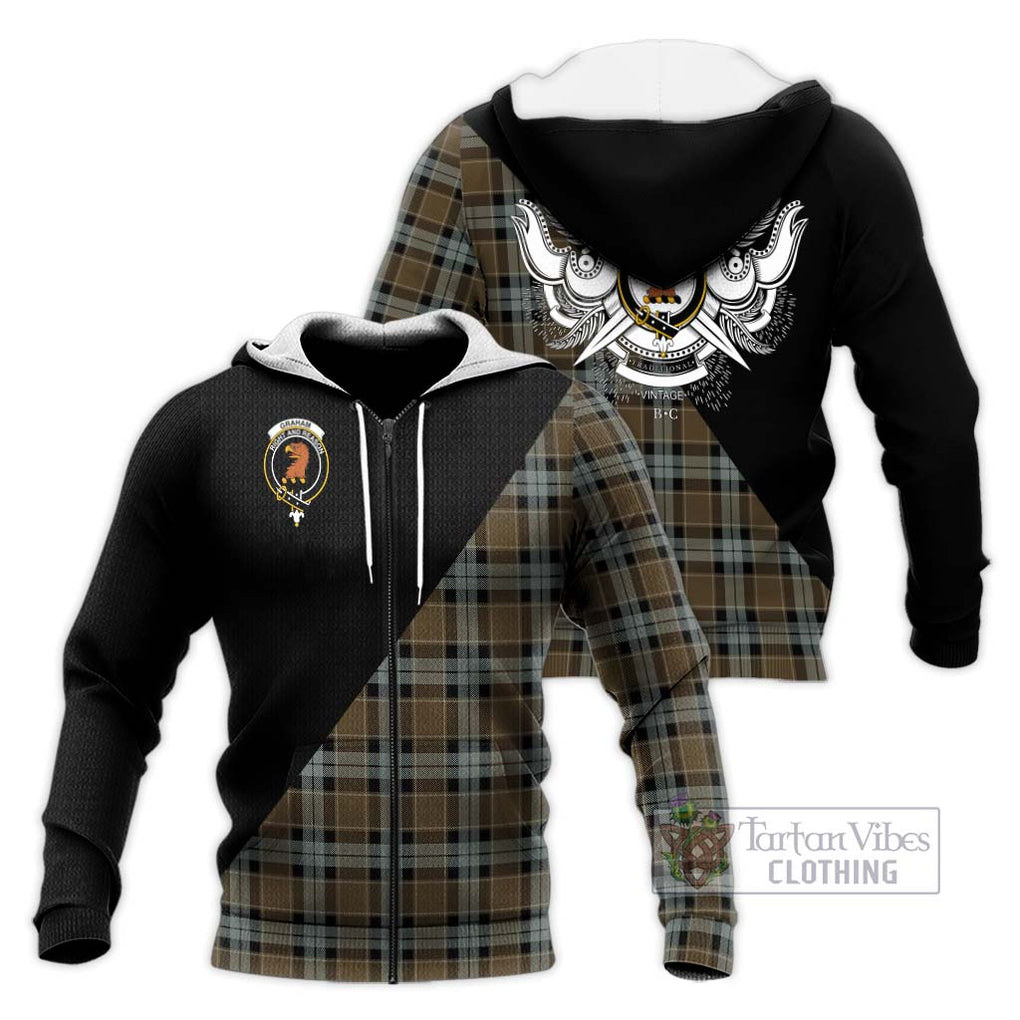 Graham of Menteith Weathered Tartan Knitted Hoodie with Family Crest and Military Logo Style Unisex Knitted Zip Hoodie - Tartanvibesclothing Shop