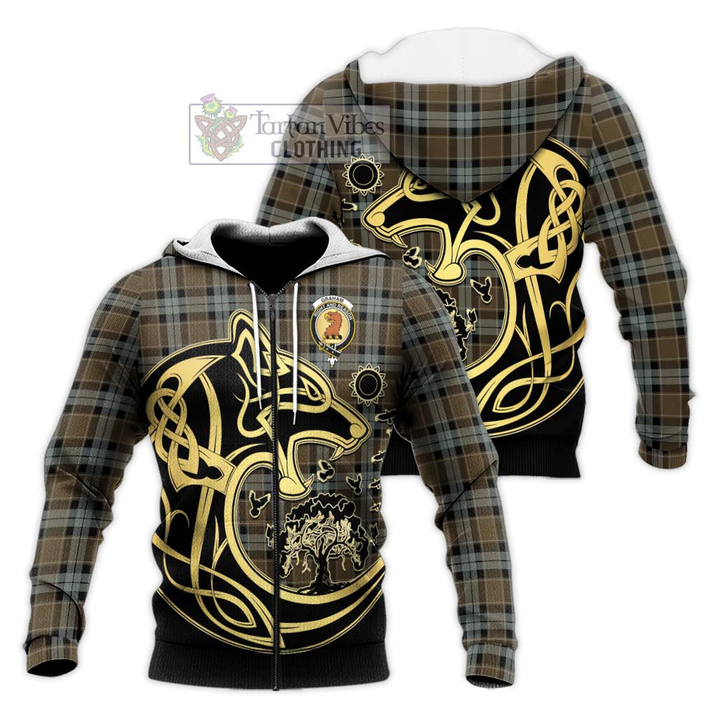 Graham of Menteith Weathered Tartan Knitted Hoodie with Family Crest Celtic Wolf Style Unisex Knitted Zip Hoodie - Tartan Vibes Clothing