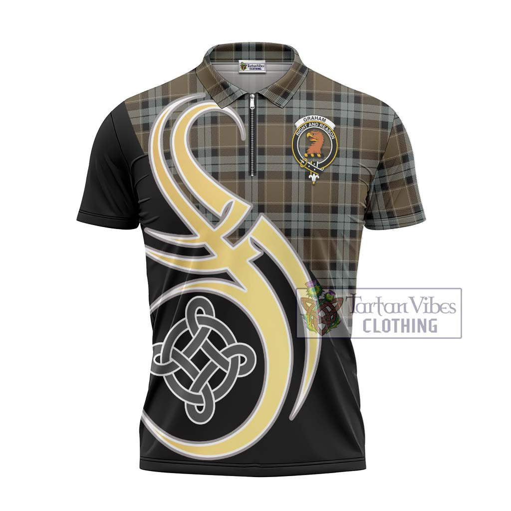 Tartan Vibes Clothing Graham of Menteith Weathered Tartan Zipper Polo Shirt with Family Crest and Celtic Symbol Style