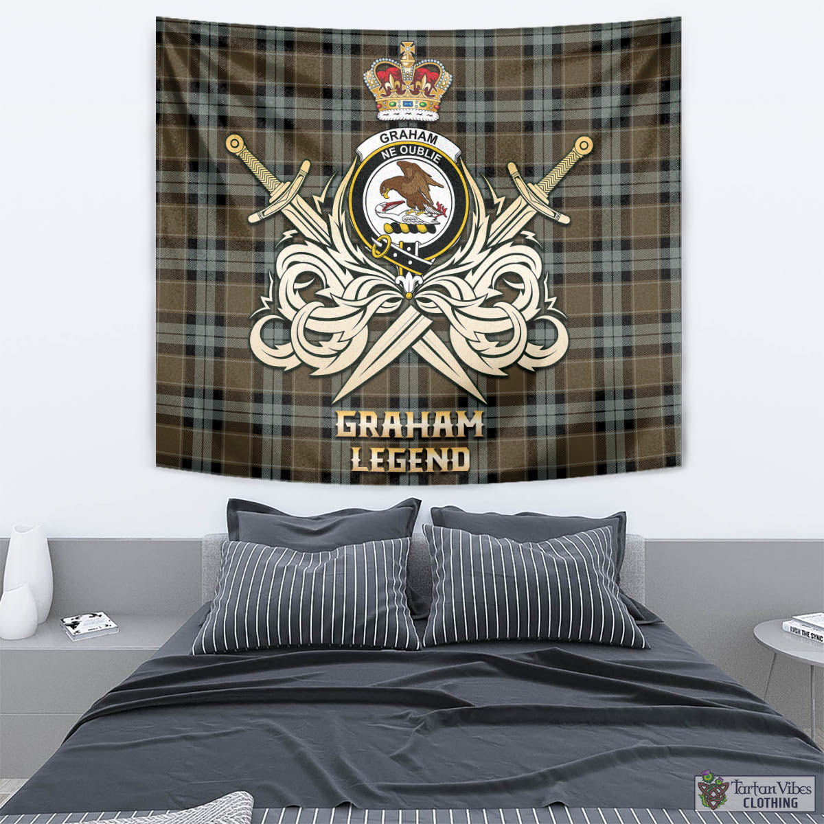 Tartan Vibes Clothing Graham of Menteith Weathered Tartan Tapestry with Clan Crest and the Golden Sword of Courageous Legacy