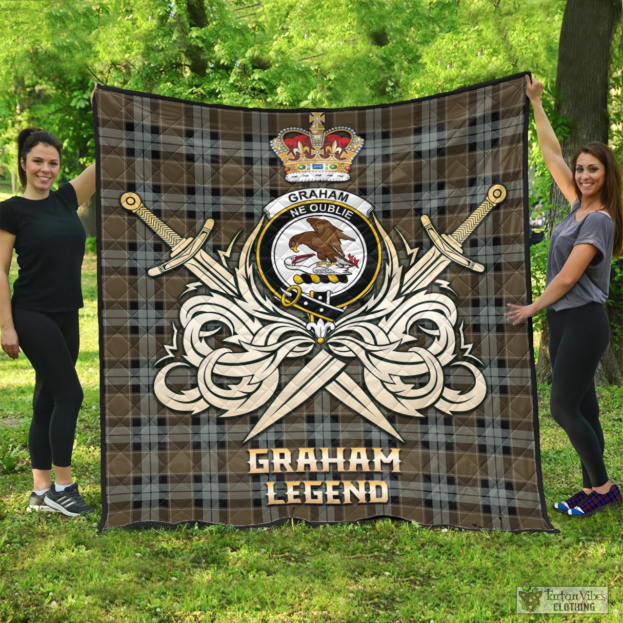 Tartan Vibes Clothing Graham of Menteith Weathered Tartan Quilt with Clan Crest and the Golden Sword of Courageous Legacy