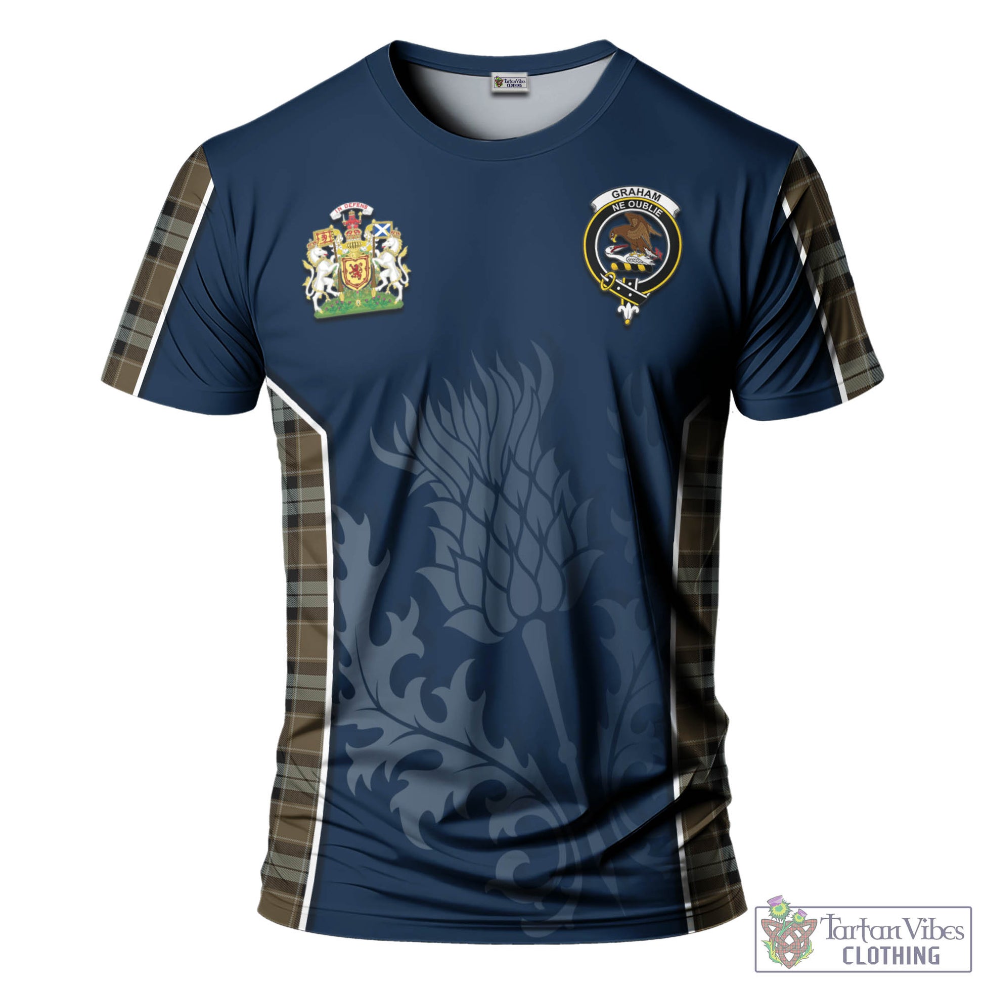 Tartan Vibes Clothing Graham of Menteith Weathered Tartan T-Shirt with Family Crest and Scottish Thistle Vibes Sport Style