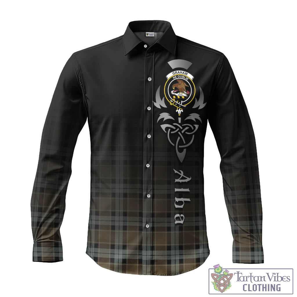 Tartan Vibes Clothing Graham of Menteith Weathered Tartan Long Sleeve Button Up Featuring Alba Gu Brath Family Crest Celtic Inspired