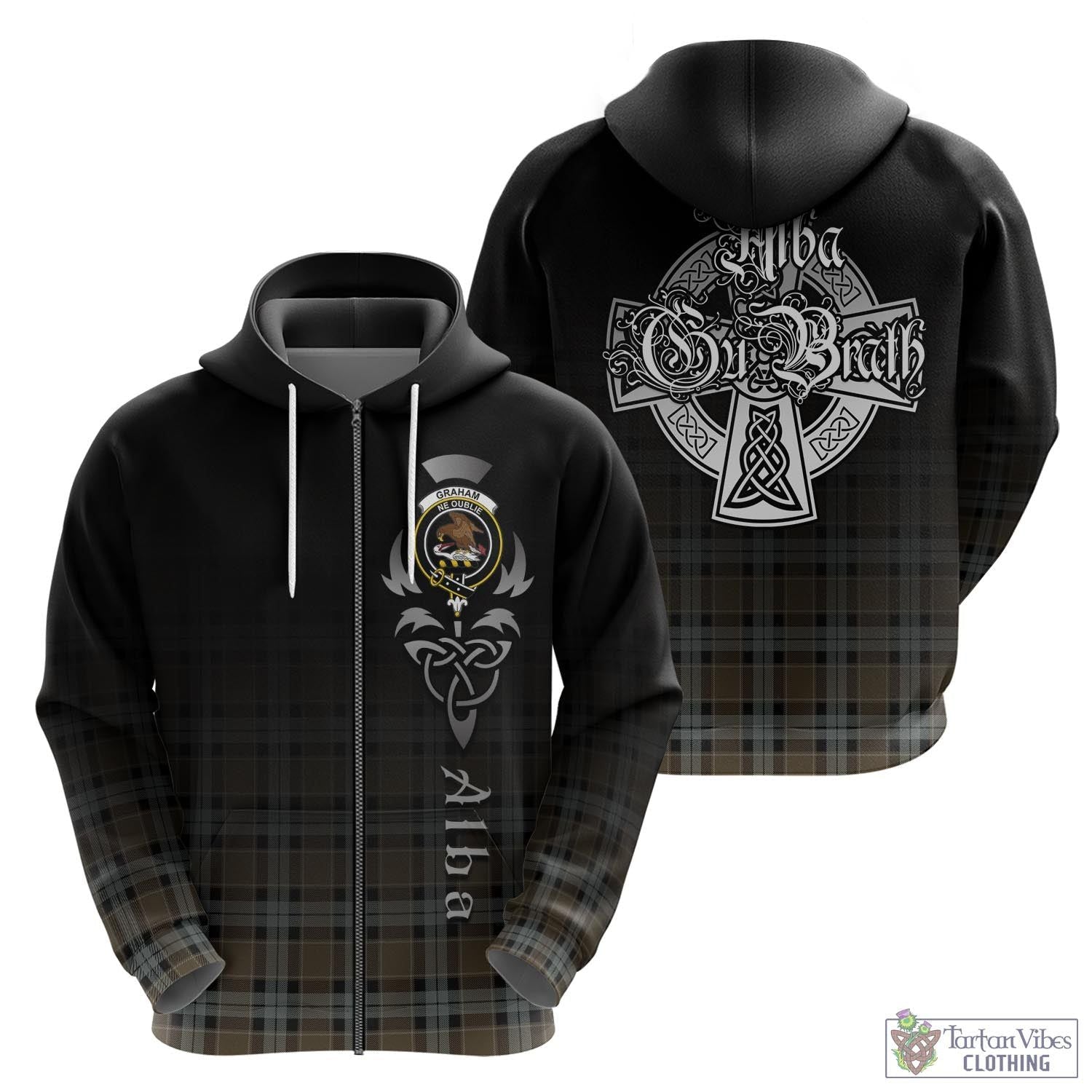 Tartan Vibes Clothing Graham of Menteith Weathered Tartan Hoodie Featuring Alba Gu Brath Family Crest Celtic Inspired