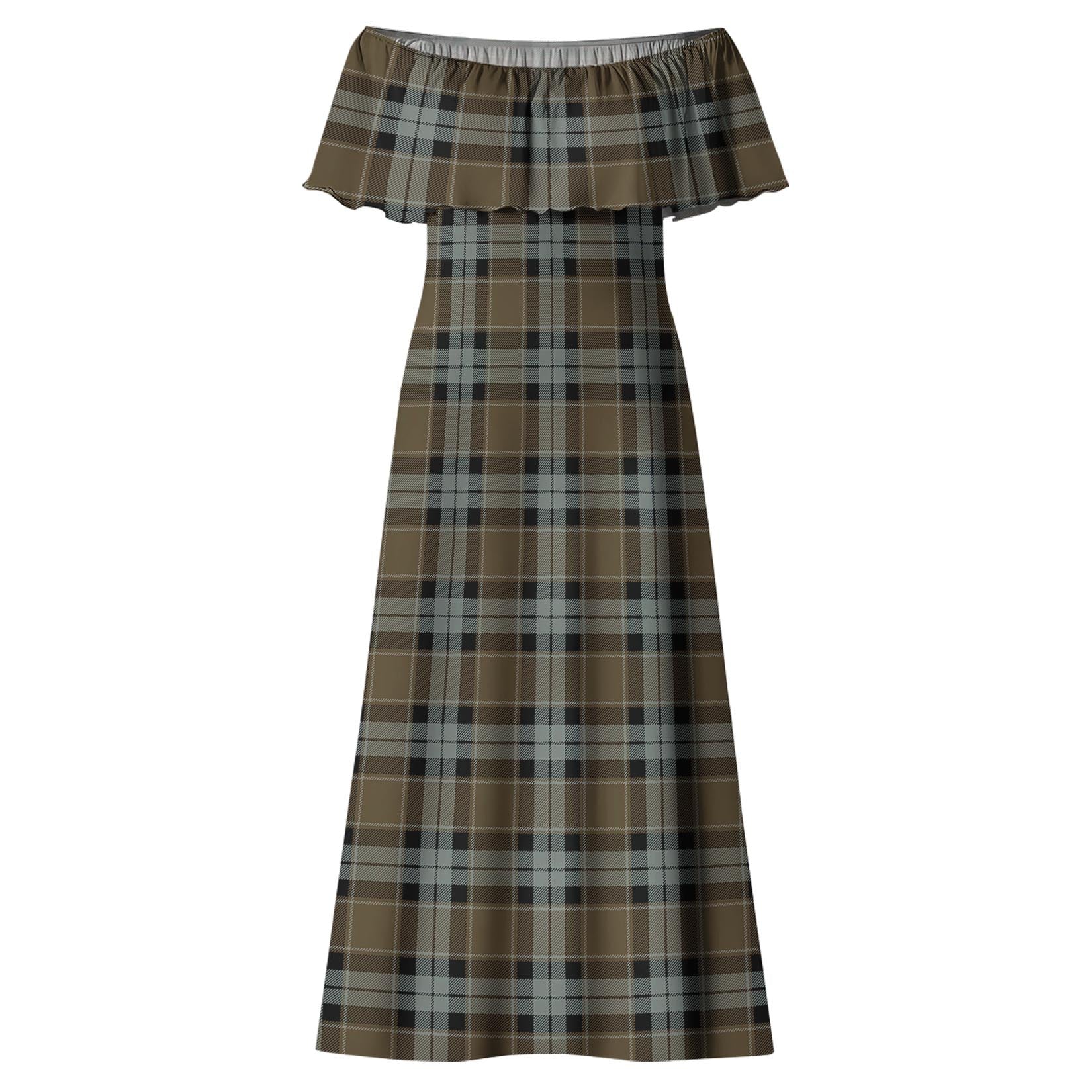 Graham of Menteith Weathered Tartan Off Shoulder Long Dress - Tartanvibesclothing