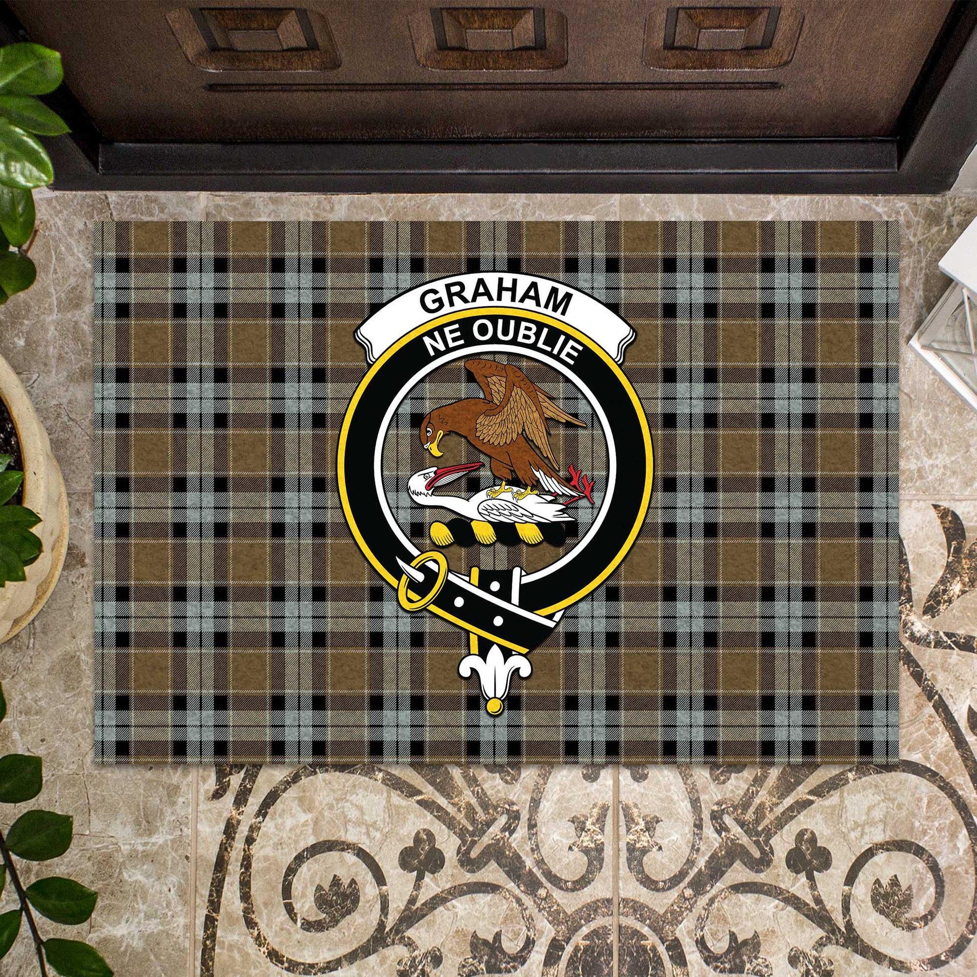 Graham of Menteith Weathered Tartan Door Mat with Family Crest - Tartanvibesclothing