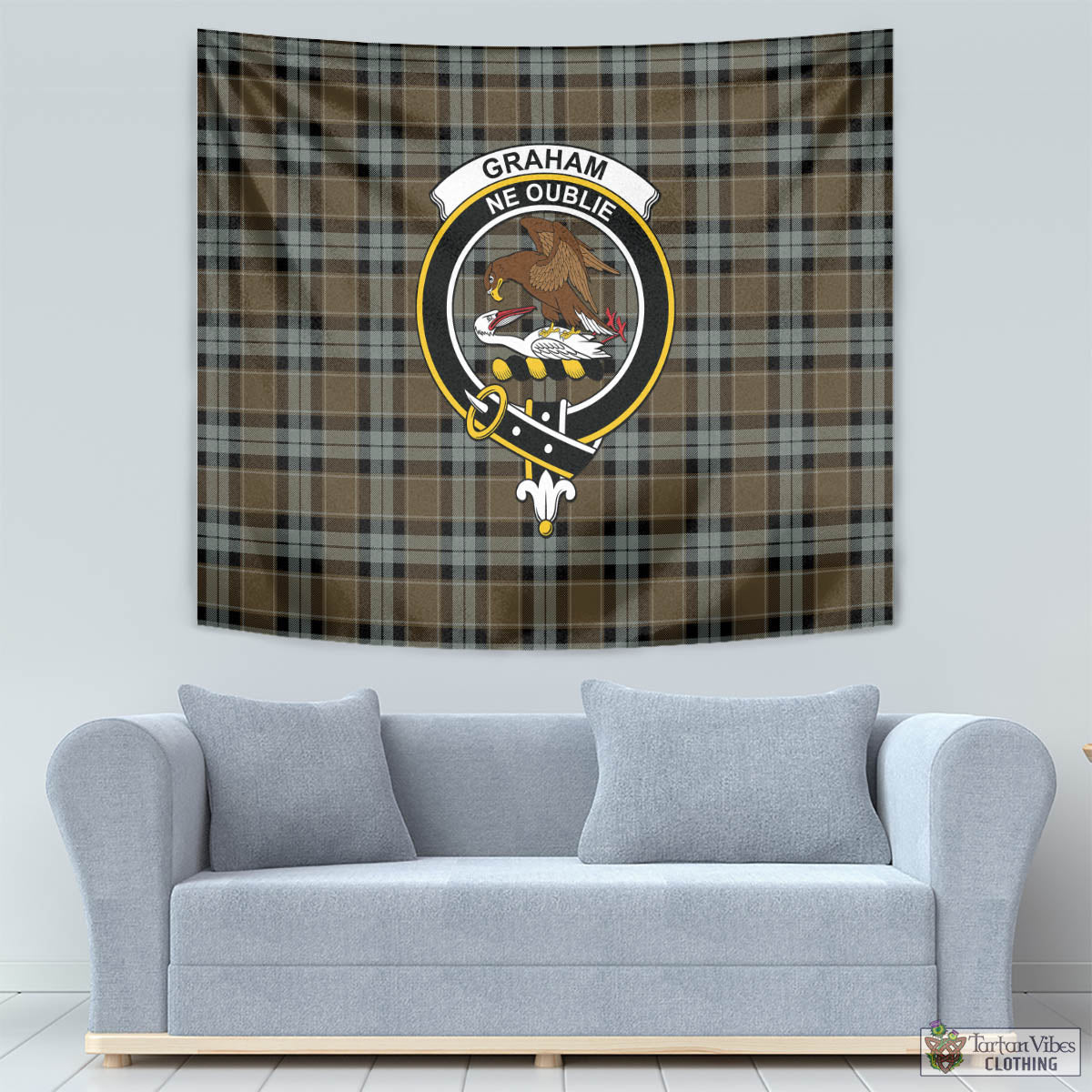 Tartan Vibes Clothing Graham of Menteith Weathered Tartan Tapestry Wall Hanging and Home Decor for Room with Family Crest