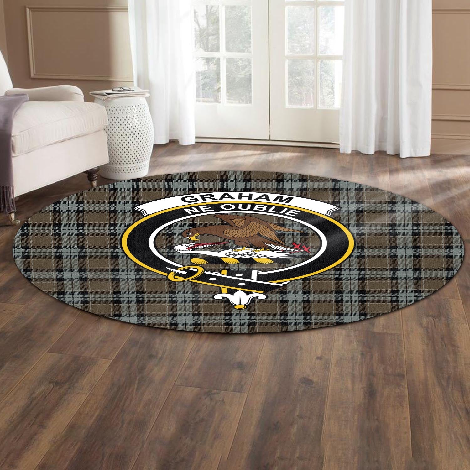 graham-of-menteith-weathered-tartan-round-rug-with-family-crest