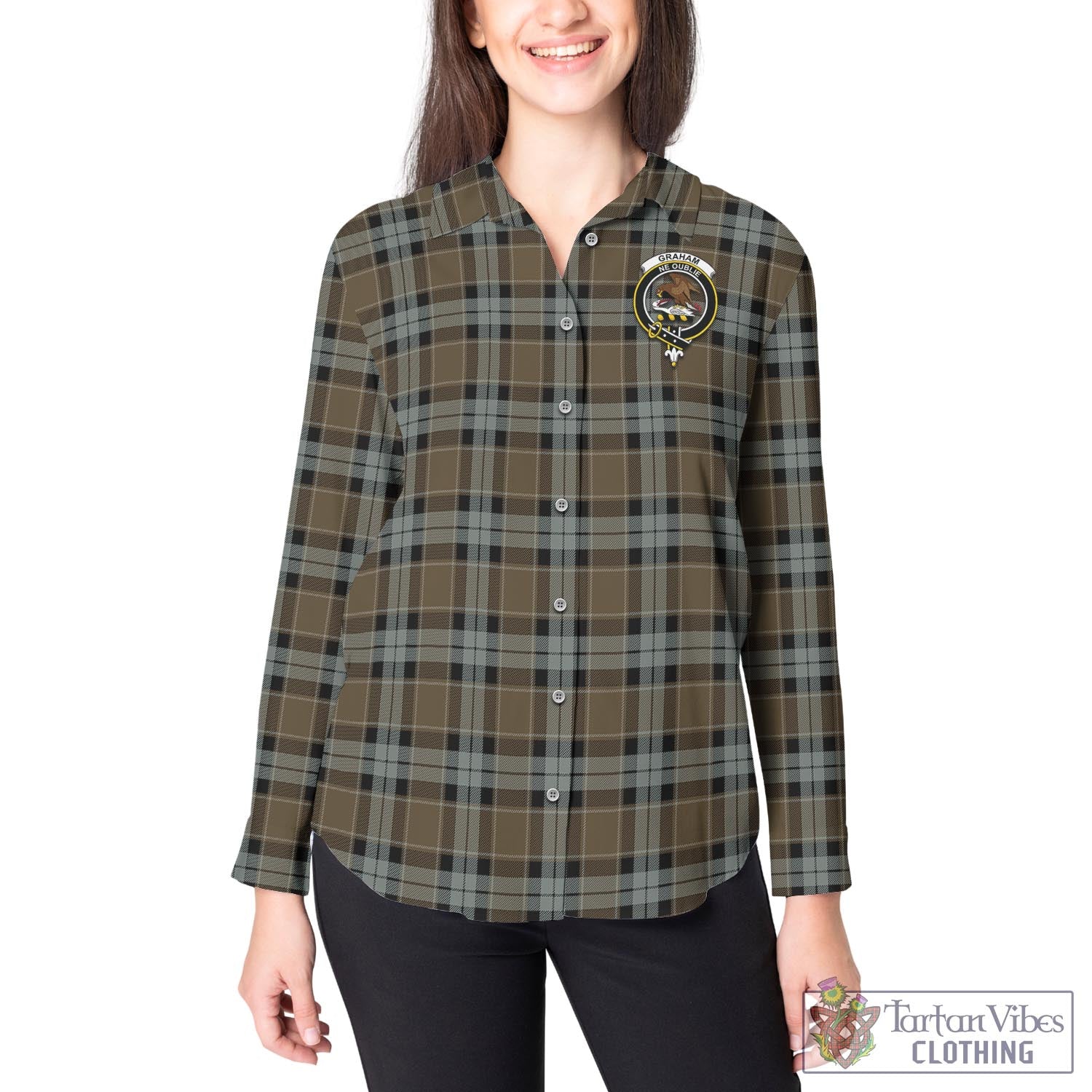 Tartan Vibes Clothing Graham of Menteith Weathered Tartan Womens Casual Shirt with Family Crest