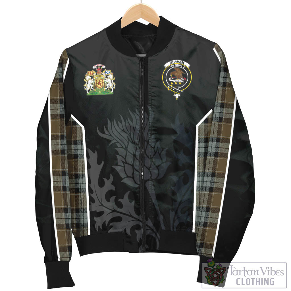 Tartan Vibes Clothing Graham of Menteith Weathered Tartan Bomber Jacket with Family Crest and Scottish Thistle Vibes Sport Style