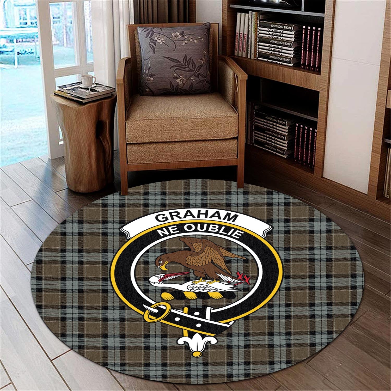 graham-of-menteith-weathered-tartan-round-rug-with-family-crest